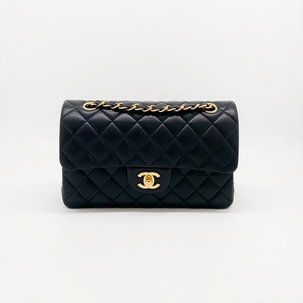 Preloved Chanel Black n Gold Classic Flap Bag Microchip Small