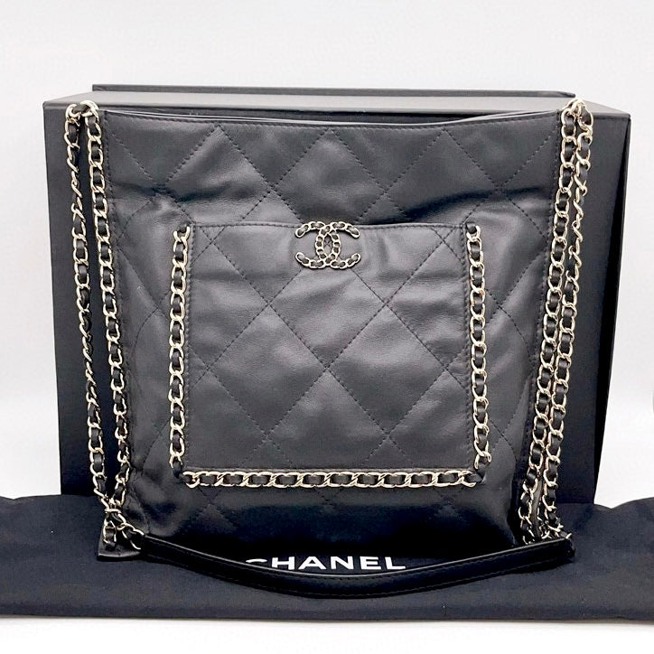 Preloved Chanel Black n Gold Quilted Chain Flat Tote Shopping Bag