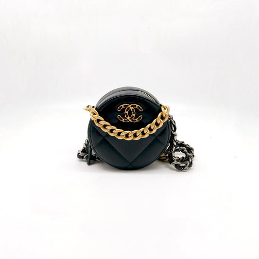 Preloved Chanel 19 Black n Gold Round Clutch with Chain