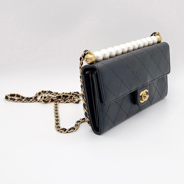 Preloved Chanel Black n Gold Pearl Short Handle Clutch with Chain / Wallet On Chain (WOC)