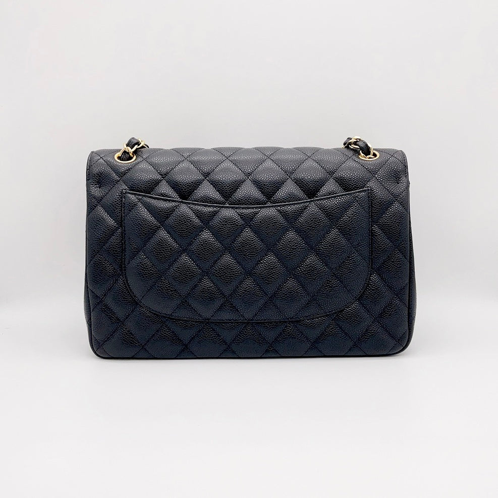 Black Quilted Caviar Jumbo Classic Double Flap Gold Hardware, 2014