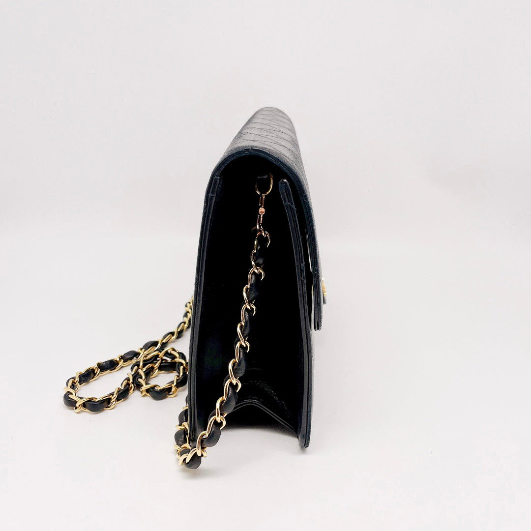 Preloved Chanel Vintage Black n Gold Push-Lock Flap Bag Medium
