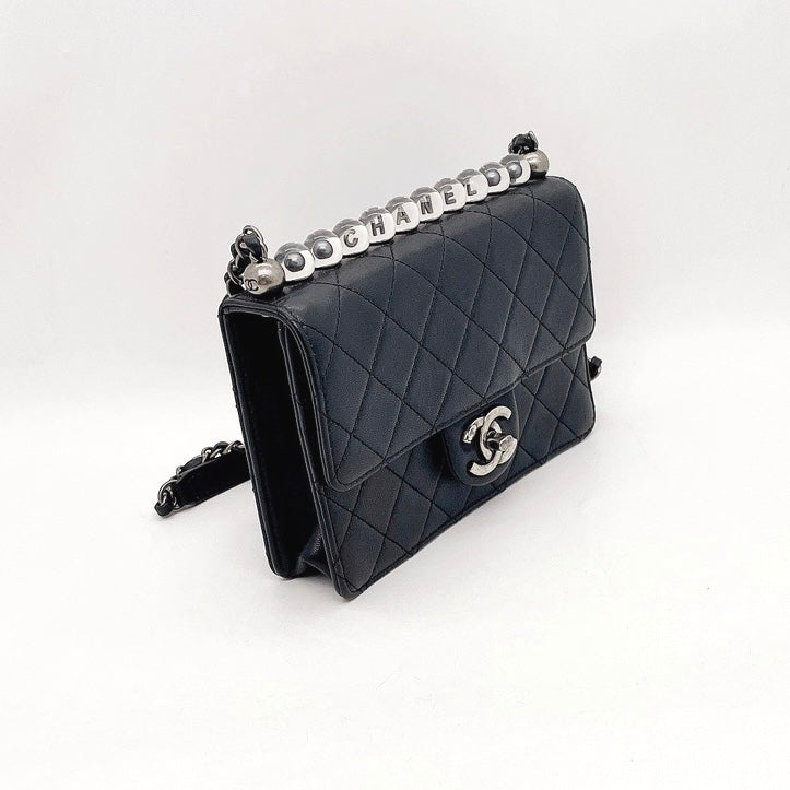 Preloved Chanel Logo Pearl Handle Flap Bag